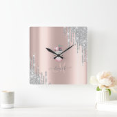 Zilver Glitter Druppels Roze Gouden Monogram Cupca Vierkante Klok (Huis)