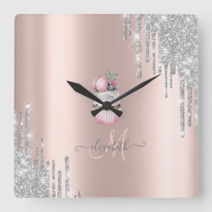 Zilver Glitter Druppels Roze Gouden Monogram Cupca Vierkante Klok