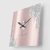 Zilver Glitter Druppels Roze Gouden Monogram Cupca Vierkante Klok (Hoek)