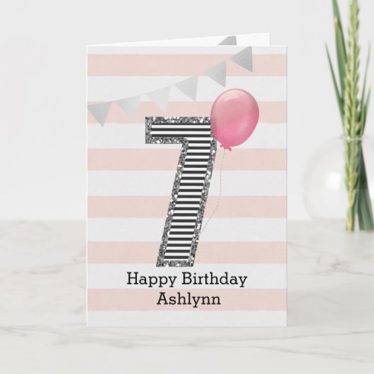 Zilver Glitter en Roze 7e Verjaardag Kaart (Voorkant)