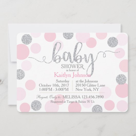 Zilver Glitter en Roze Verspreide Stippen Baby sho Kaart (Voorkant)