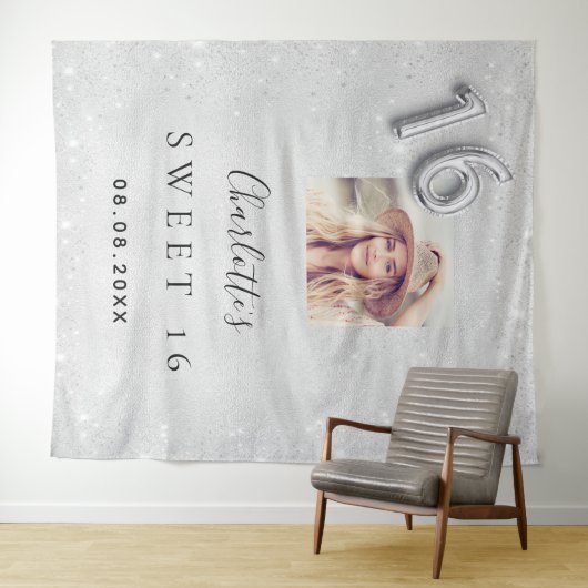 Zilver glitter foto welcome Sweet 16 Wandkleed (In Situ (horizontaal))
