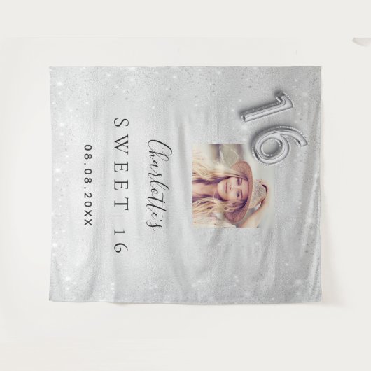 Zilver glitter foto welcome Sweet 16 Wandkleed (Voorkant (horizontaal))