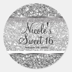 Zilver Glitter Glam Sweet 16 Aandenken Feest Favor Ronde Sticker