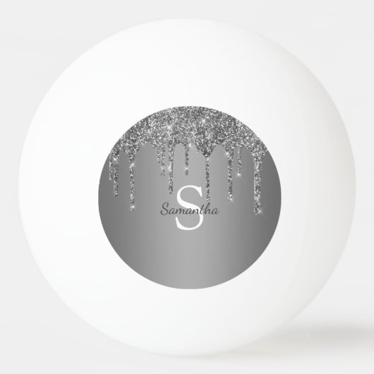 Zilver Glitter Glans Drips Folie Monogram Naam Pingpongbal (Voorkant)