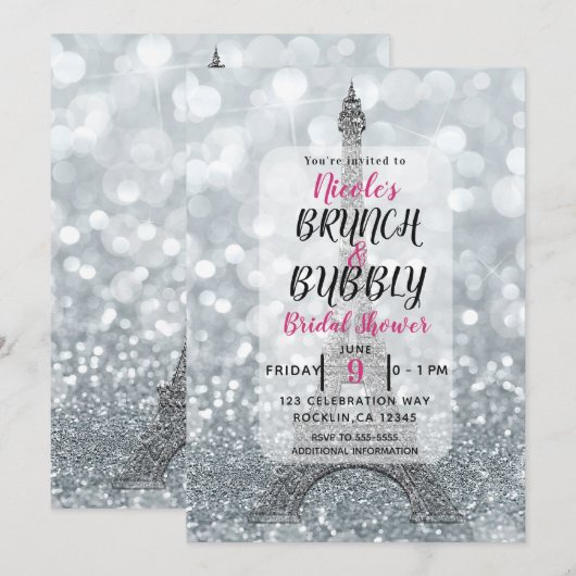 Zilver Glitter Glans Eiffeltoren Brunch Mousserend Kaart (Voorkant / Achterkant)
