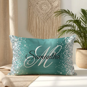 Zilver Glitter Glanzend Aqua Teal Folie Fancy Mono Kussen