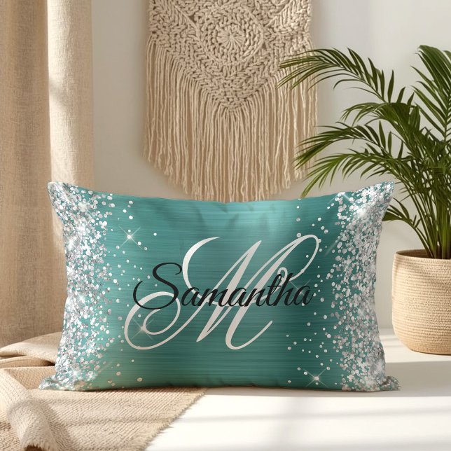 Zilver Glitter Glanzend Aqua Teal Folie Fancy Mono Kussen (Silver Glitter Shiny Aqua Teal Foil Fancy Monogram Lumbar Pillow)