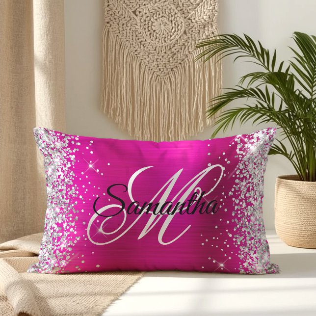 Zilver Glitter Glanzend Roze Folie Fancy Monogram Kussen (Silver Glitter Shiny Hot Pink Foil Fancy Monogram Lumbar Pillow)