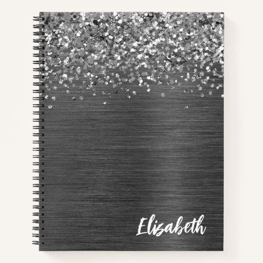 Zilver Glitter Grijs Geborsteld Metaal Monogram Notitieboek (Voorkant)