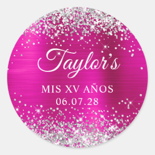 Zilver Glitter Heet Roze Folie Mis XV Anos Verjaar Ronde Sticker