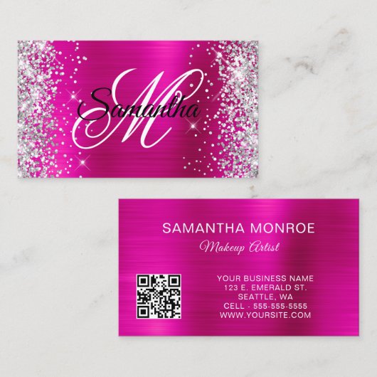 Zilver Glitter Heet Roze Folie Monogram QR Code Visitekaartje (Voorkant / Achterkant)