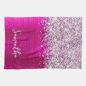 Zilver Glitter Heet Roze Glam Naam Theedoek (Horizontaal)