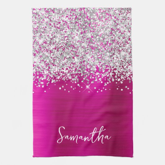 Zilver Glitter Heet Roze Glam Naam Theedoek (Verticaal)