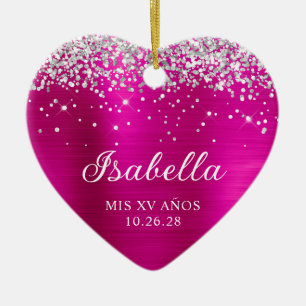 Zilver Glitter Heet Roze Mis XV Jaar Naam Foto Keramisch Ornament