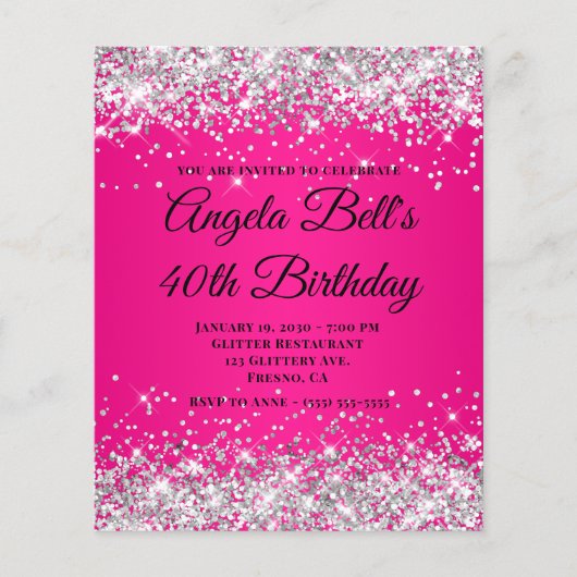 Zilver Glitter Heet Roze Ombre Fancy Monogram 40st Flyer (Voorkant)