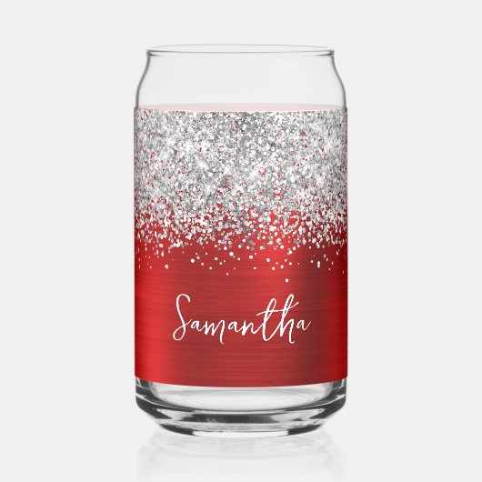 Zilver Glitter Helder Rode Glam Naam Blikvorm Glas (Voorkant)