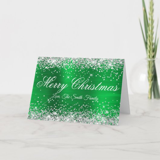 Zilver Glitter Heldergroene Folie Prettig Kerstfee Kaart (Voorkant)