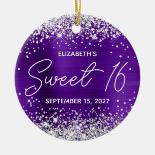Zilver Glitter Indigo Paarse Fancy Sweet 16 Foto Keramisch Ornament