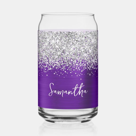 Zilver Glitter Indigo Paarse Glam Naam Blikvorm Glas (Voorkant)