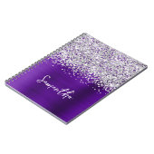 Zilver Glitter Indigo Paarse Glam Script Naam Notitieboek (Linkerzijde)