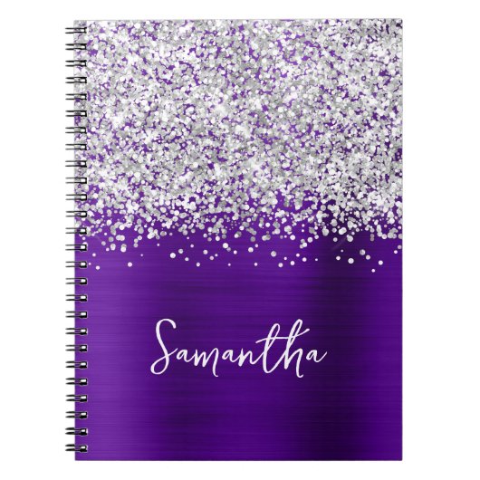 Zilver Glitter Indigo Paarse Glam Script Naam Notitieboek (Voorkant)