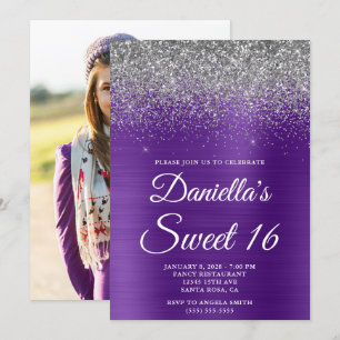 Zilver Glitter Konings Paars Folie Foto Sweet 16 Kaart