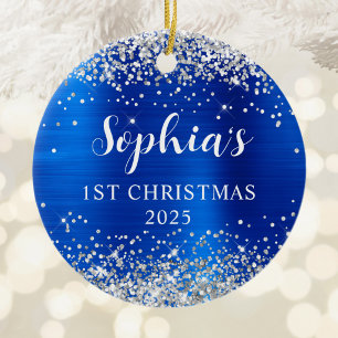 Zilver Glitter Koningsblauw Folie 1e Kerst Foto Keramisch Ornament