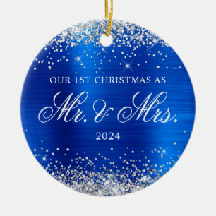Zilver Glitter Koningsblauw Folie Onze Eerste Kers Keramisch Ornament