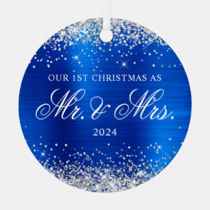 Zilver Glitter Koningsblauw Folie Onze Eerste Kers Metalen Ornament