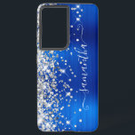 Zilver Glitter Koningsblauwe Folie Meisjesachtige  Samsung Galaxy Hoesje<br><div class="desc">Meisjesachtige nep glinsterende zilveren glitter hooglichten op de linker rand gekoppeld aan een koningsblauw geborsteld metalen folie digitaal kunst ontwerp. De hedendaagse meisjesachtige handtekening heeft een elegante witte kalligrafie lettertype met decoratieve staarten in een verticale indeling. Pas de lettertype stijlen aan of verplaats de glinsterende afbeeldingen om je eigen telefoon...</div>