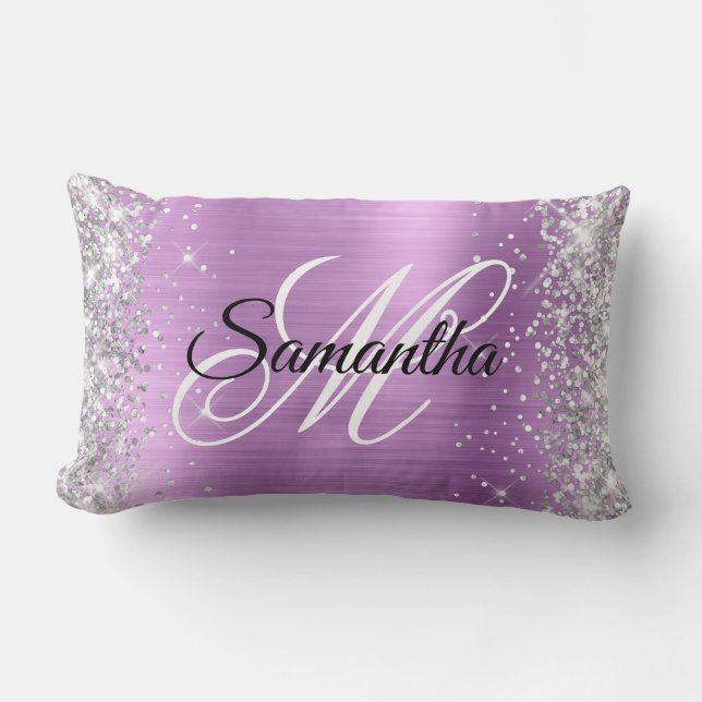 Zilver Glitter Lavendel Folie Fancy Monogram Kussen (Voorkant)