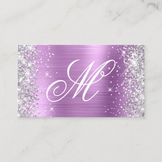 Zilver Glitter Lavendel Folie Fancy Monogram Visitekaartje (Voorkant)