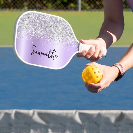 Zilver Glitter Lavendel Glans Schrift Naam Pickleball Paddle (Insitu)
