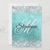 Zilver Glitter Licht Aqua Blauwe Folie Fancy Monog Kaart (Achterkant)