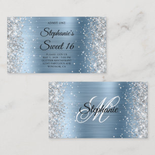 Zilver Glitter Lichtblauw Monogram Sweet 16 Toegan Informatiekaartje