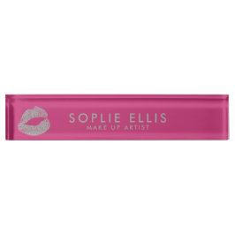 Zilver Glitter Lippen Roze Persoonlijke Naam Naambordje