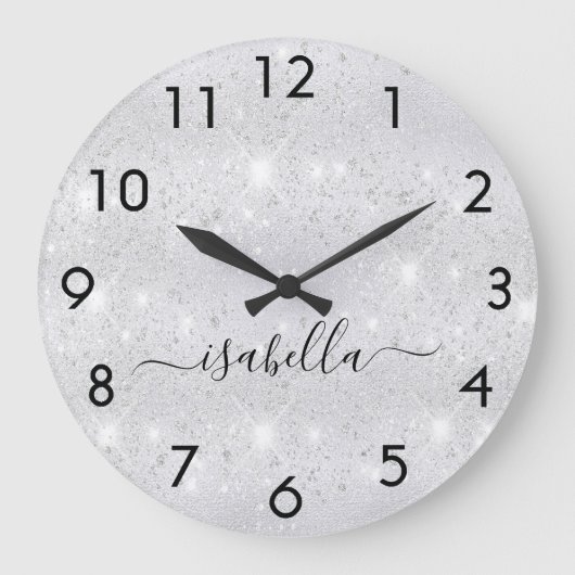Zilver glitter metal-naamscript grote klok (Voorkant)