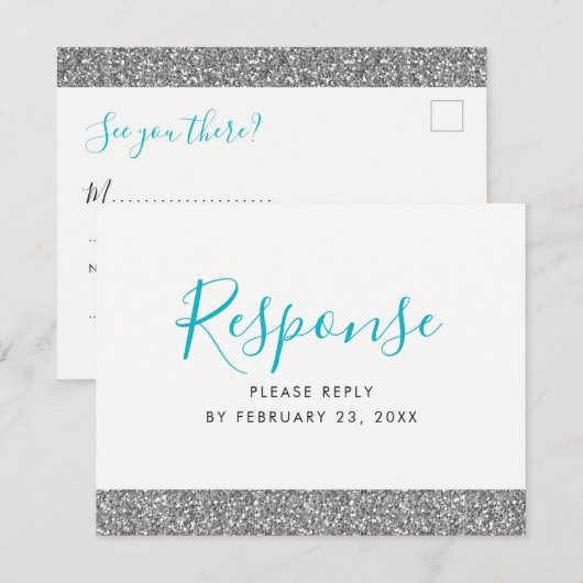 Zilver Glitter Modern Plezier RSVP Antwoord ANSICH Informatiekaartje (Voorkant / Achterkant)