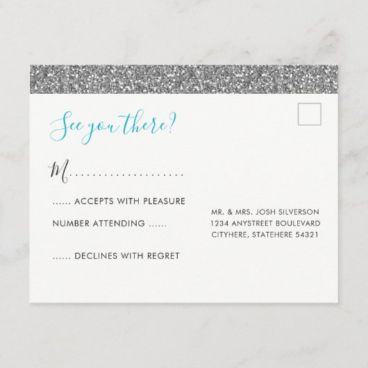 Zilver Glitter Modern Plezier RSVP Antwoord ANSICH Informatiekaartje (Achterkant)