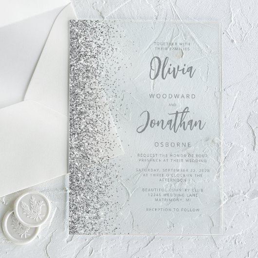 Zilver Glitter Modern Script Trouw Acryl Uitnodigingen