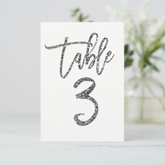 Zilver Glitter Moderne Script Tafelnummer 3 (Staand voorkant)
