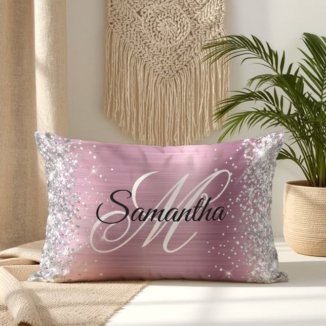 Zilver Glitter Mooie Roze Folie Monogram Kussen (Silver Glitter Pretty Pink Foil Monogram Lumbar Pillow)