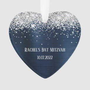 Zilver Glitter Navy Blauwe Folie Bat Mitzvah Hart Ornament