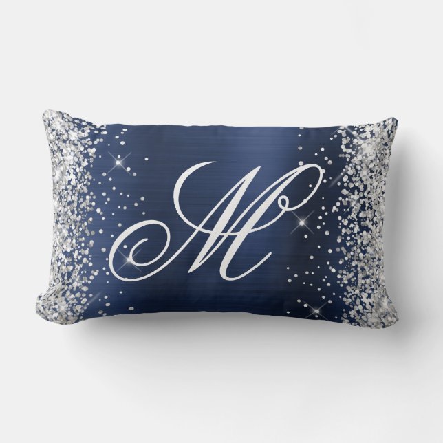 Zilver Glitter Navy Folie Fancy Monogram Kussen (Voorkant)