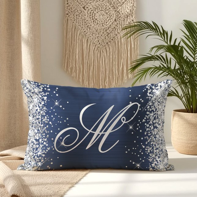 Zilver Glitter Navy Folie Fancy Monogram Kussen (Silver Glitter Navy Foil Fancy Monogrammed Lumbar Pillow
)