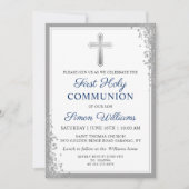 Zilver Glitter Navyblauw Eerste Heilige Communie Kaart (Voorkant)
