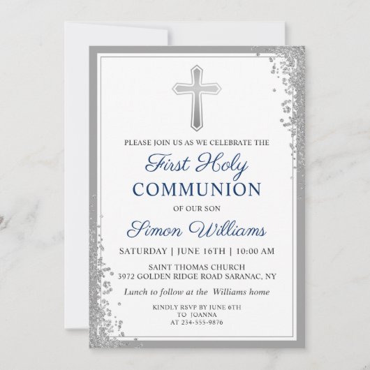 Zilver Glitter Navyblauw Eerste Heilige Communie Kaart