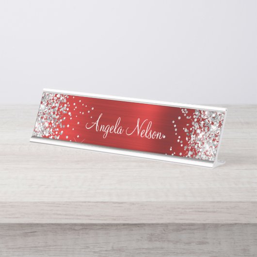 Zilver Glitter Nefriet Rode Folie Bureau Naambordje (Voorkant)