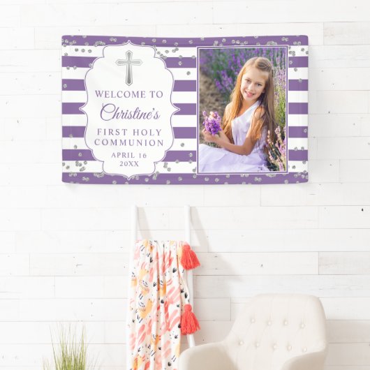 Zilver Glitter Paars First Heilige Communfoto Spandoek (Insitu)